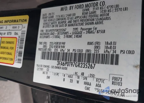 2016 Ford Fusion Se из США, поврежденный, VIN 3FA6P0T97GR235267